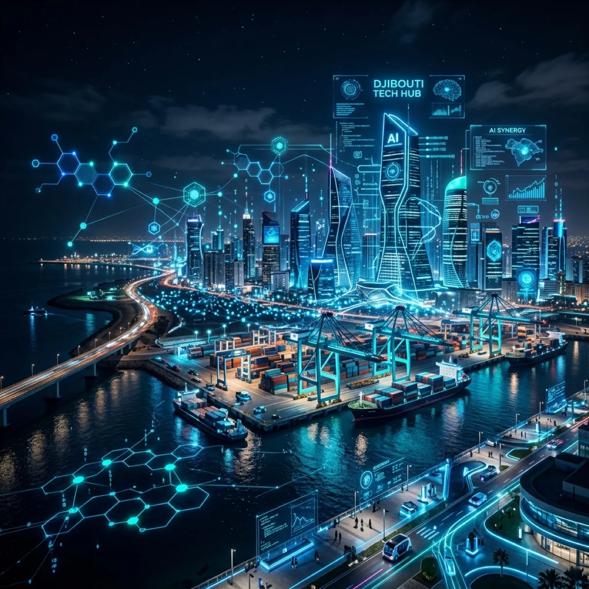 Hub IA futuriste Djibouti — visuel officiel du 1er Forum national sur l'intelligence artificielle, Palais du Peuple, 2-3 septembre 2026