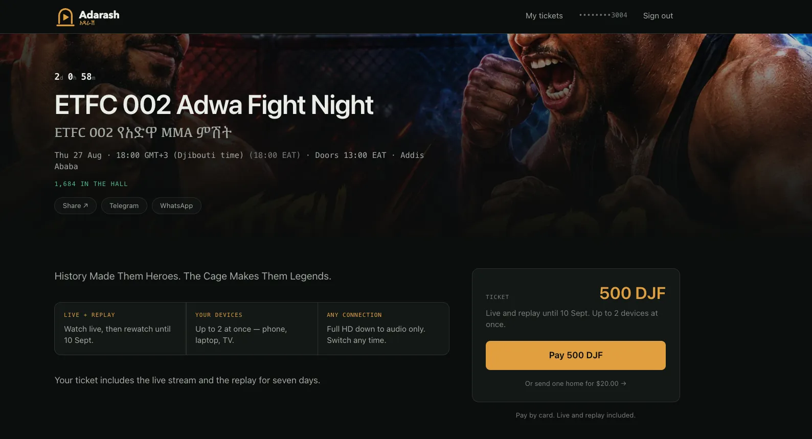 Page de billetterie Adarash de l'ETFC 002 — Adwa Fight Night : combat du jeudi 27 août à 18h00 (heure de Djibouti), billet à 500 DJF avec live et replay jusqu'au 10 septembre