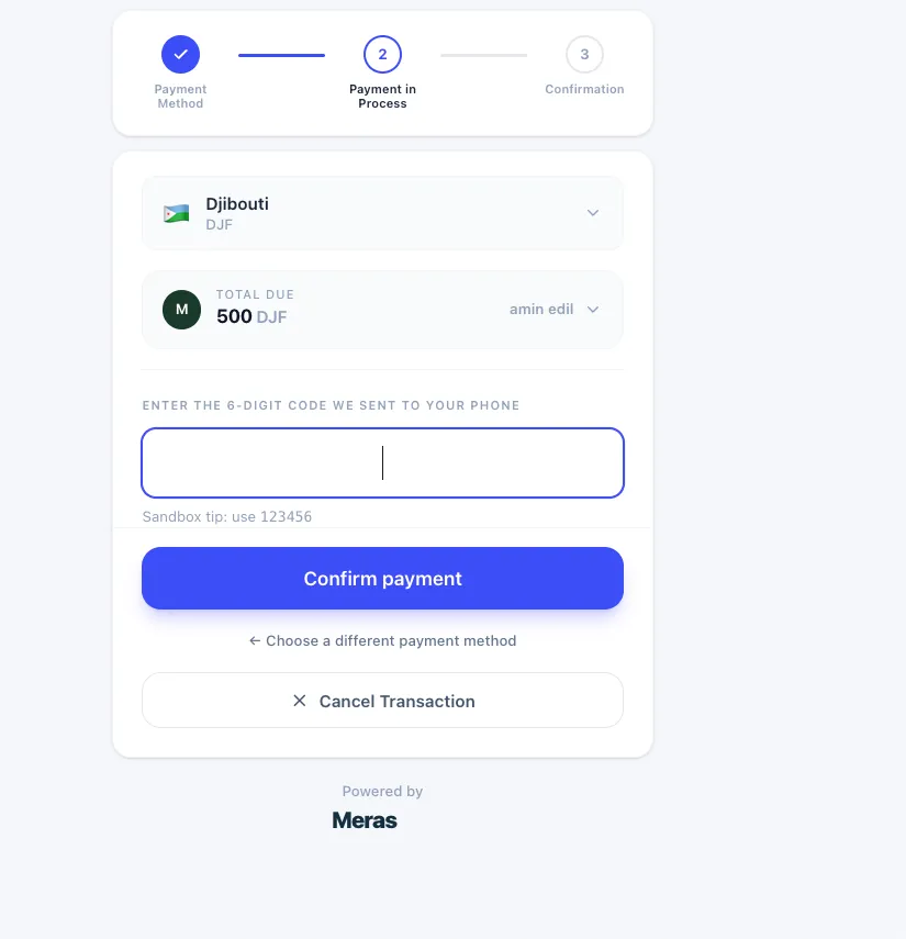 Confirmation de paiement Meras par code à 6 chiffres reçu par SMS — aucun applicatif à installer