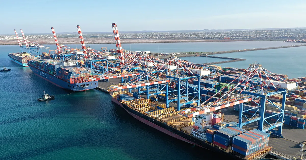 Vue aérienne du terminal à conteneurs de Doraleh exploité par la SGTD à Djibouti